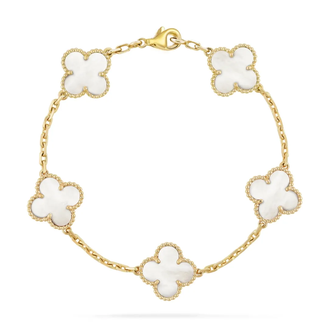 14k Gold Mother of Pearl With Beaded Border Clover Bracelet