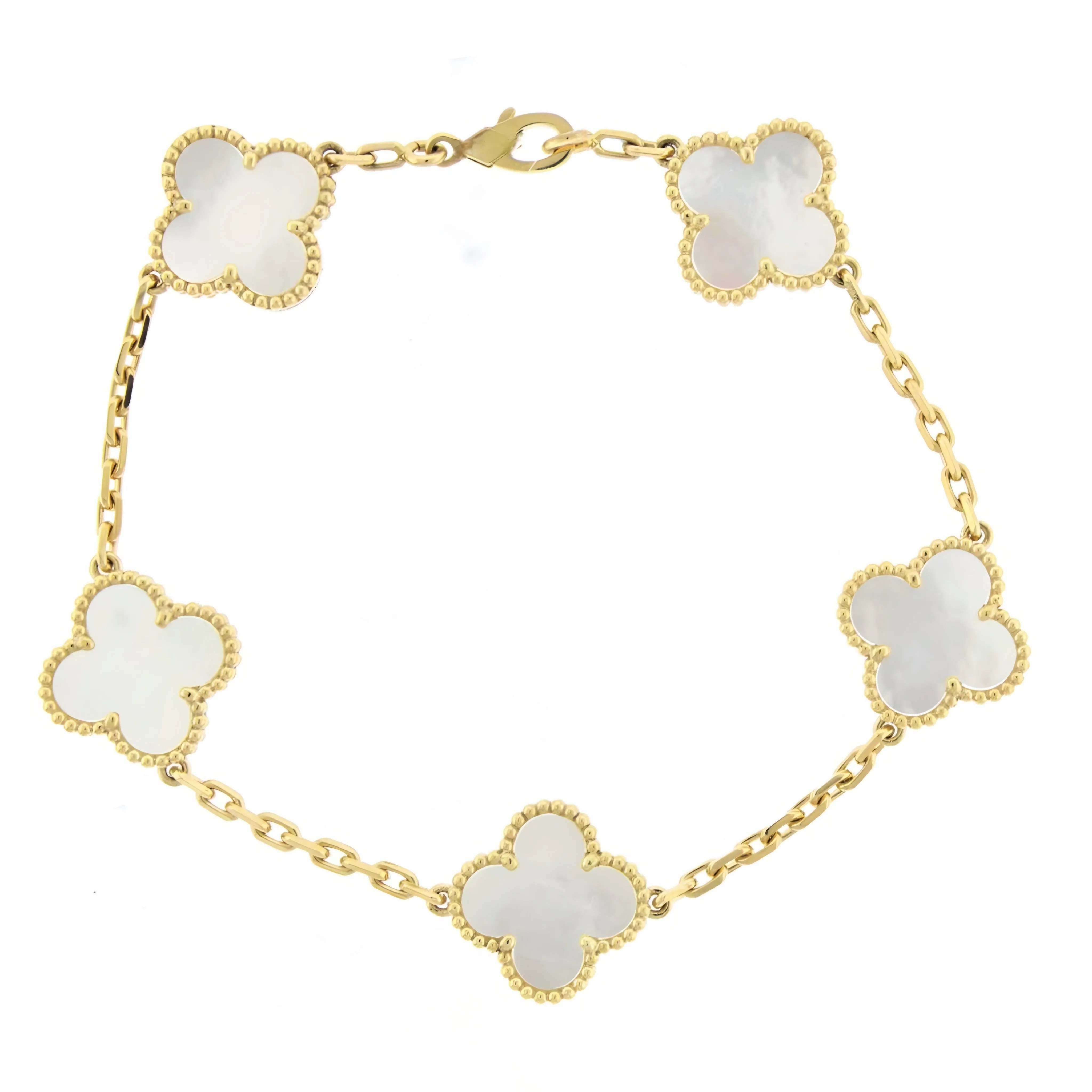 14k Gold Mother of Pearl With Beaded Border Clover Bracelet