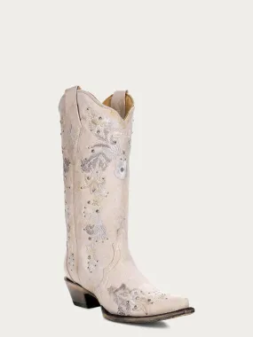 A3521 - WOMEN'S WHITE FLORAL EMBROIDERY AND CRYSTALS COWBOY BOOT