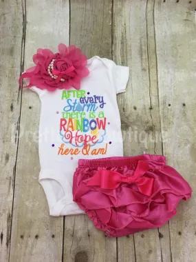 After every storm there is a rainbow of hope... Here i am! Bodysuit or shirt, diaper cover and headband