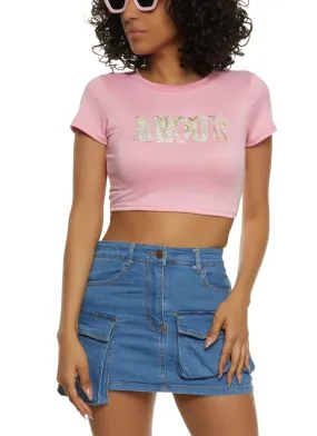 Amour Rhinestone Cropped Graphic Tee