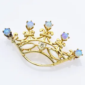 Antique 14K Yellow Gold Opal & Euro Cut Diamond Crown Brooch Pin