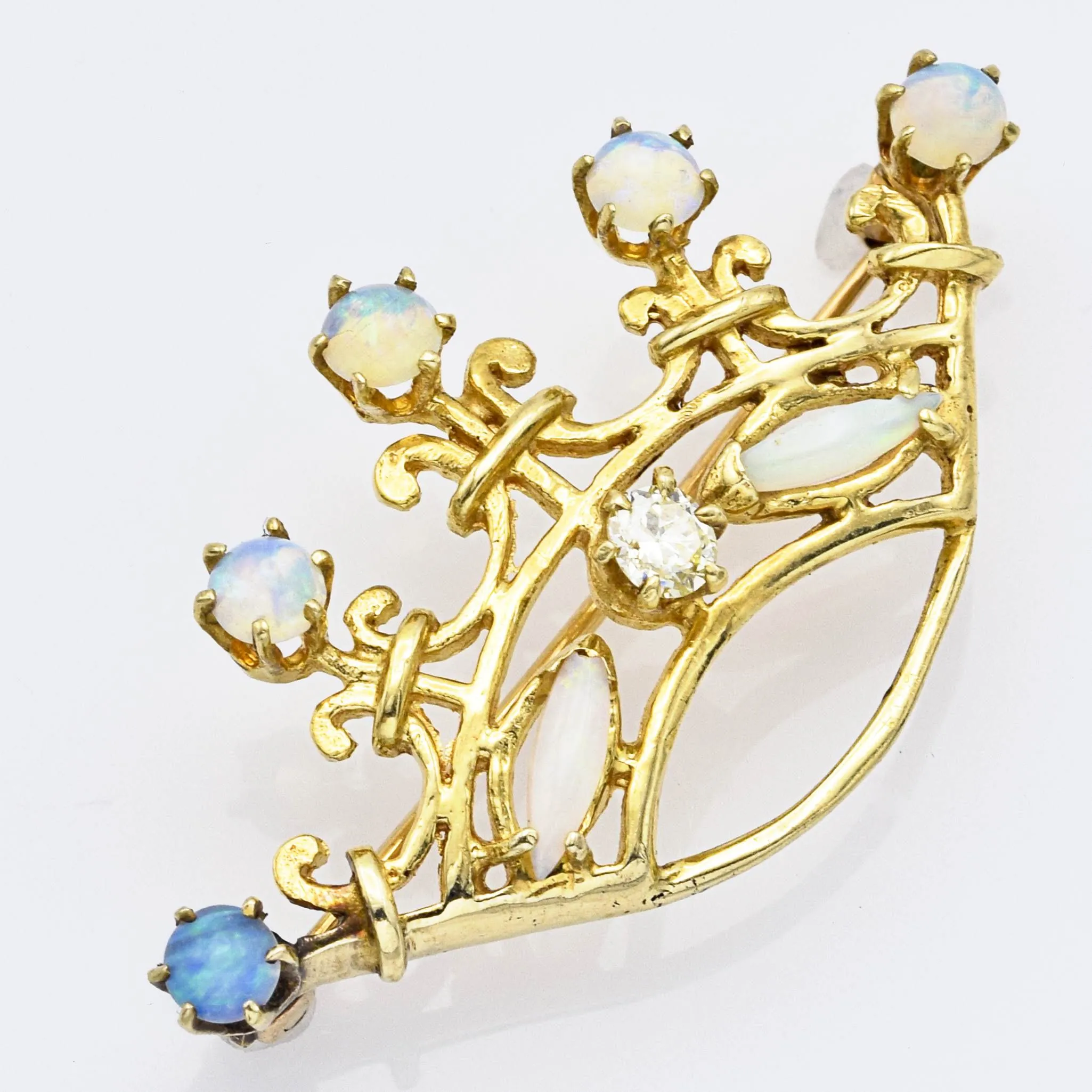 Antique 14K Yellow Gold Opal & Euro Cut Diamond Crown Brooch Pin