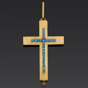 Antique 18K Yellow Gold Turquoise & Rose Cut Diamond Mourning Cross Pendant