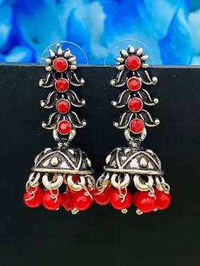 Attractive Traditional Oxidized Red Floral Design Stone Dangle Jhumka