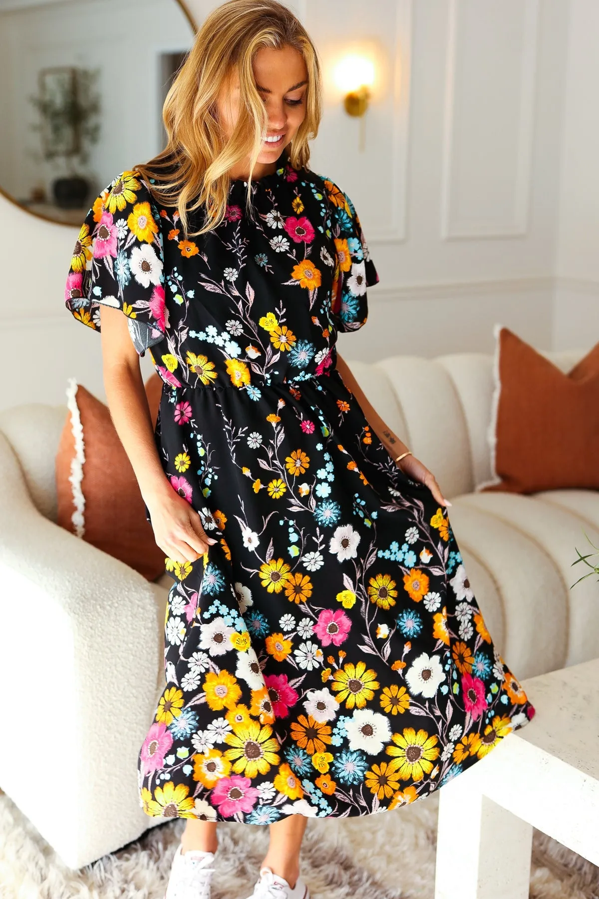 Beautifully You Black Floral Frill Mock Neck Flutter Sleeve Midi Dress