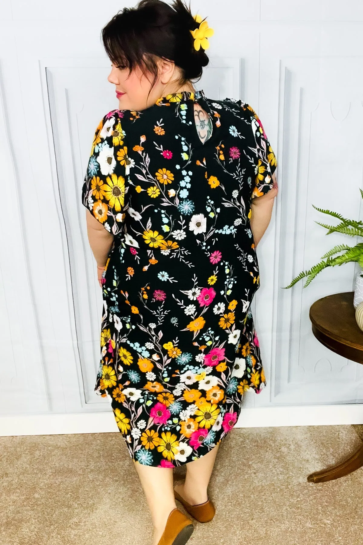 Beautifully You Black Floral Frill Mock Neck Flutter Sleeve Midi Dress