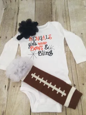 Bengals inspired girls like bling set with ruffled football leg warmers and bow.