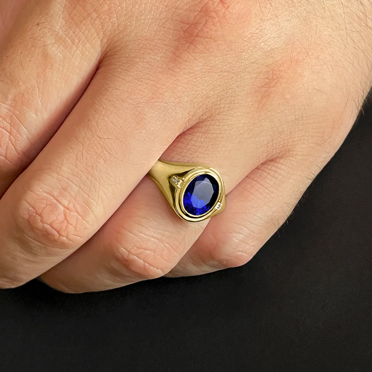 Blue Gemstone Ring for Men with Genuine Diamonds in 10k Yellow Gold