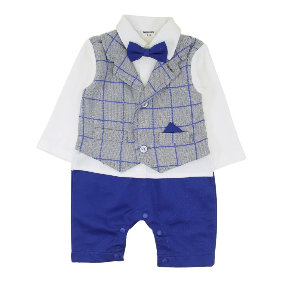 Bowtie Romper With Attached Waistcoat And Cap - Grey/Blue Check