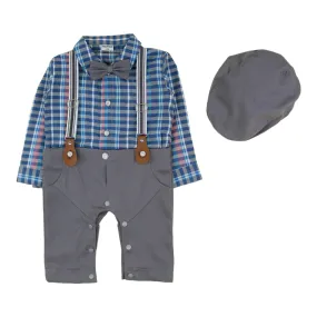 Bowtie Romper With Suspender And Cap - Blue Checks