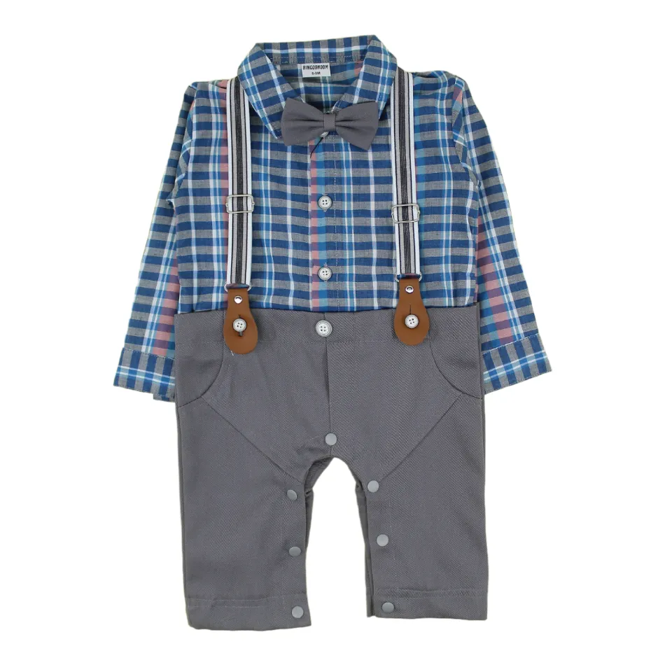 Bowtie Romper With Suspender And Cap - Blue Checks