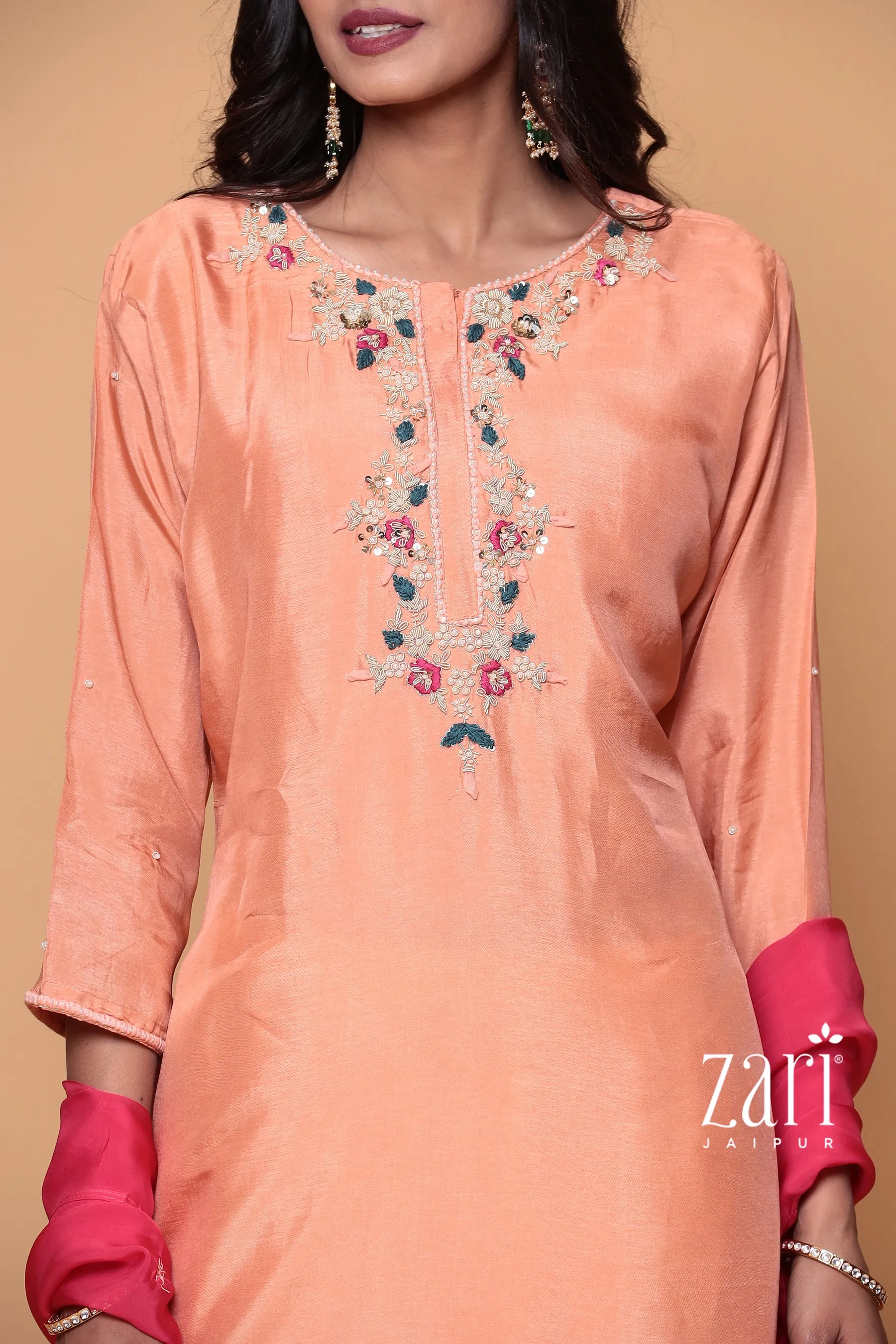 Chendari silk suit with Aari, Pearl, Sequins, Thread, Zardozi work.