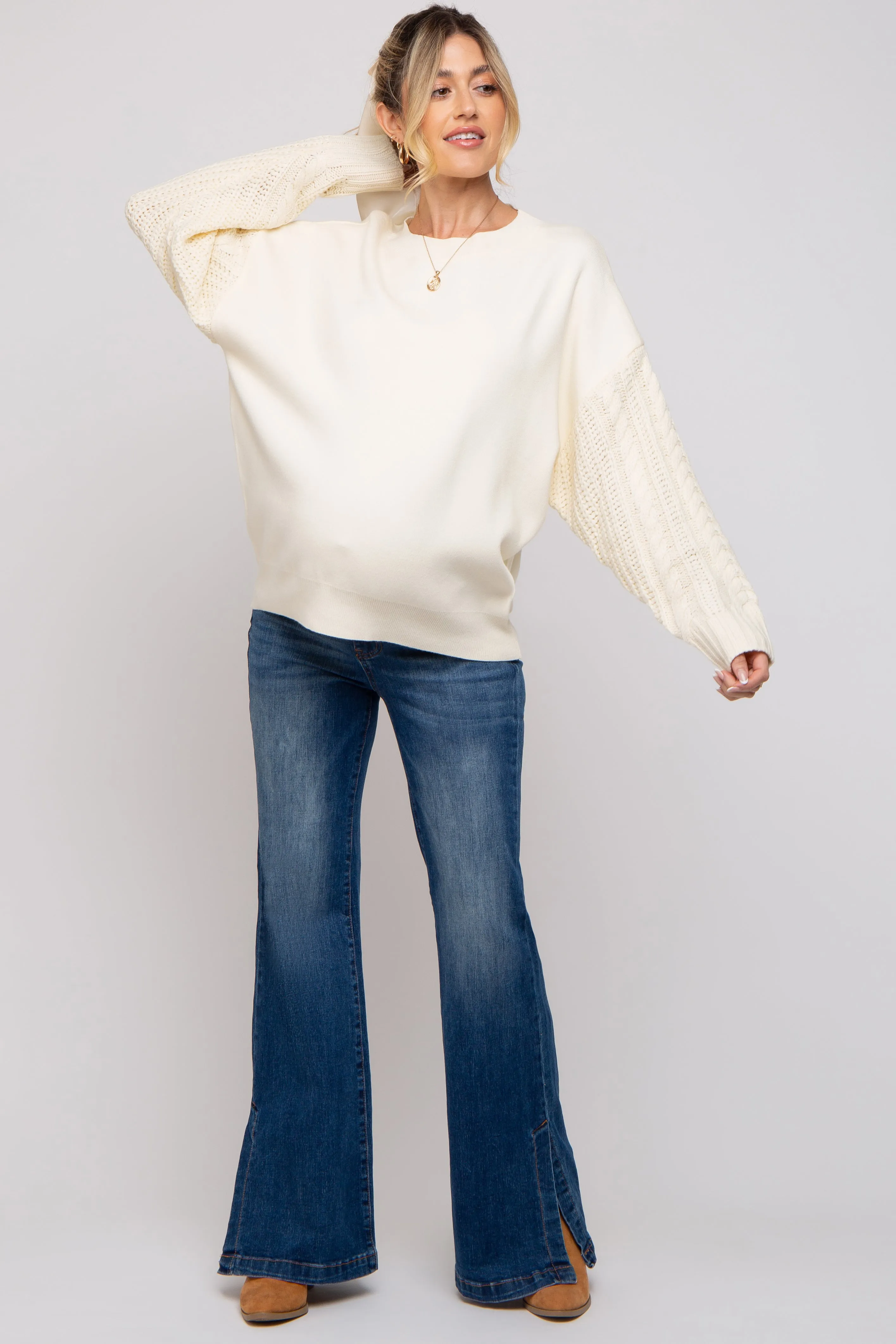 Cream Cable Knit Sleeve Maternity Sweater