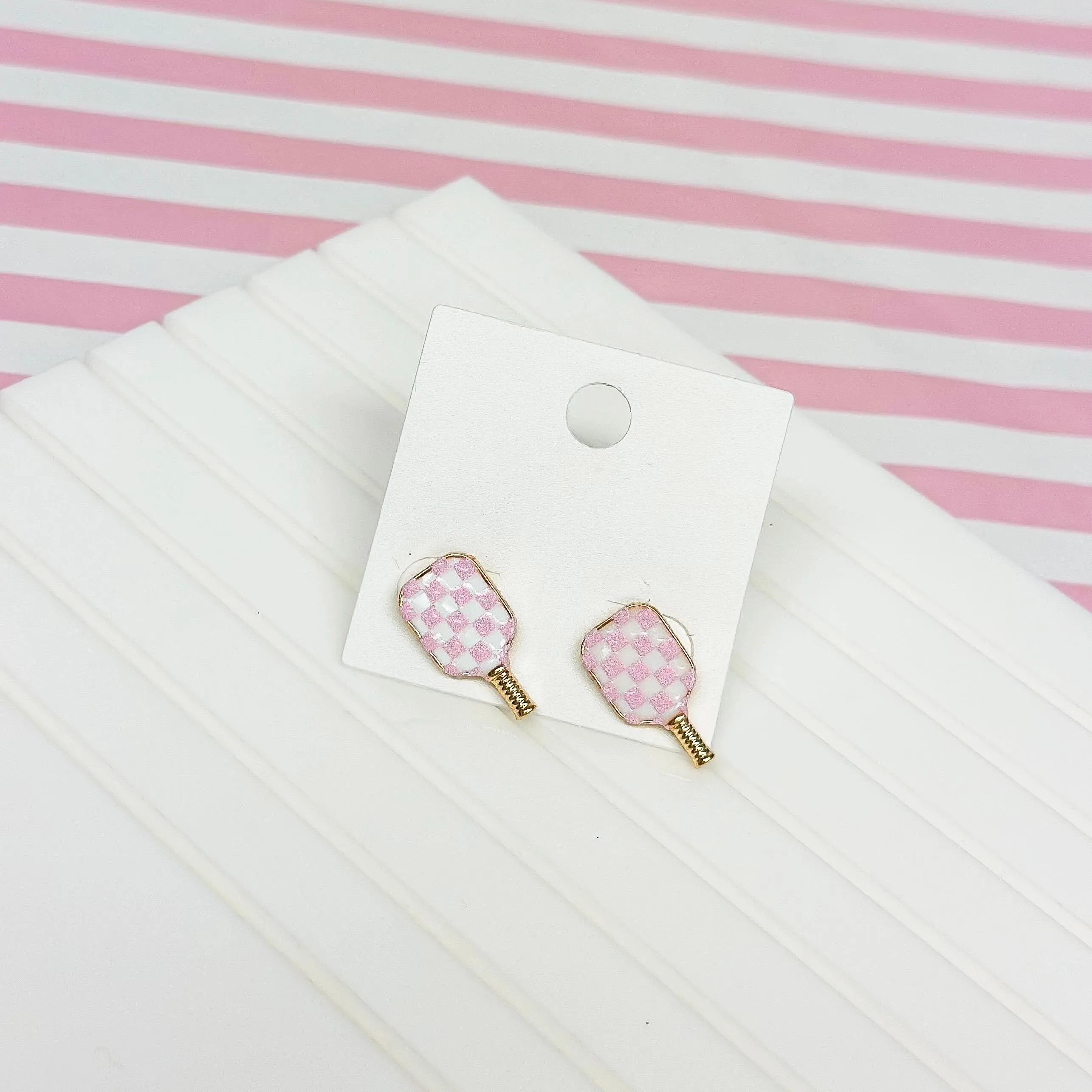 Enamel Pickleball Stud Earrings - Pink Check