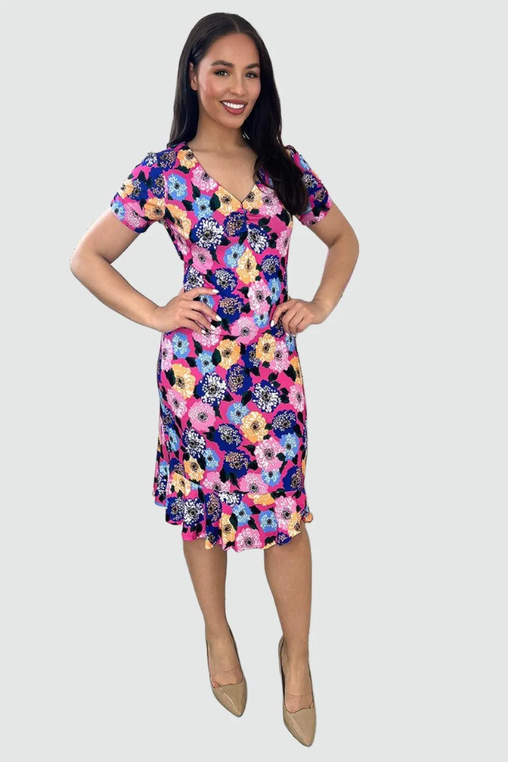 Fuchsia Floral Print V-Neck Midi Dress