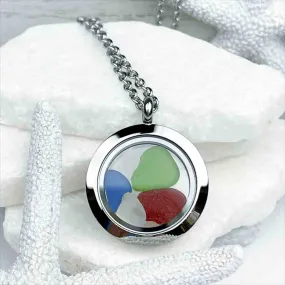 Green, Cobalt, and Red Sea Glass Porthole Locket  | # 1887