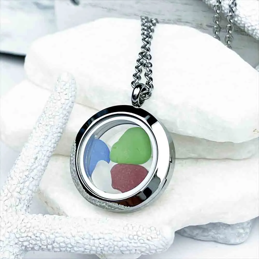 Green, Cobalt, and Red Sea Glass Porthole Locket  | # 1887