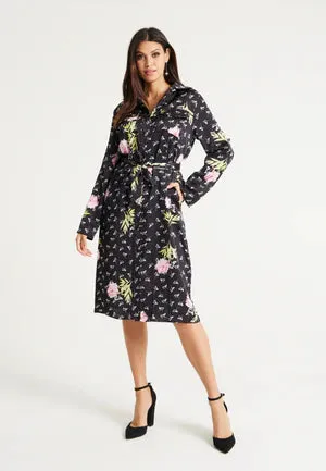 Liquorish Pink Floral Print Shirt Dress In Black