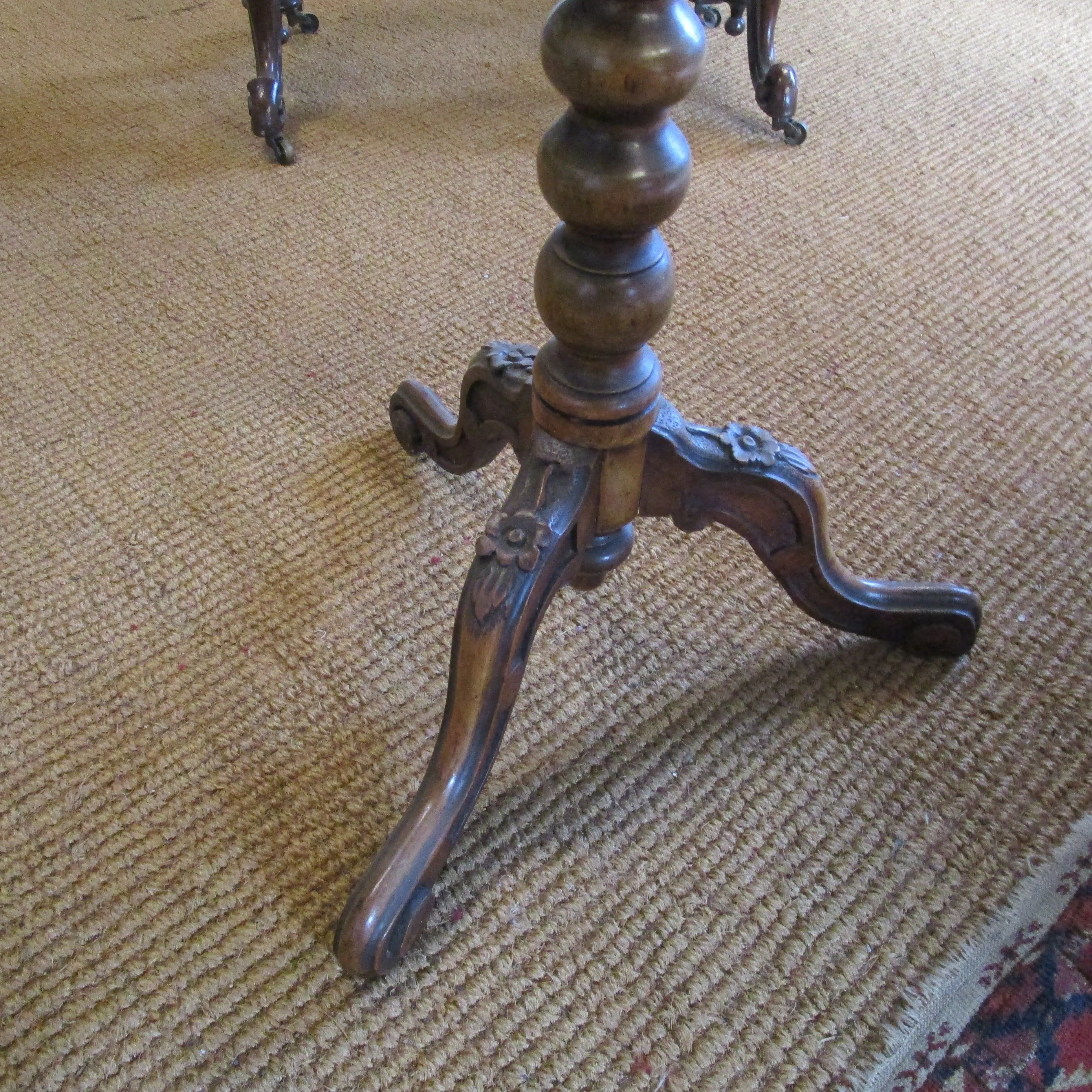 Mahogany Inlaid Occasional Side Table Bobbin Twist On Rose Carved Cabriole Scroll End Legs Antique Victorian c1880