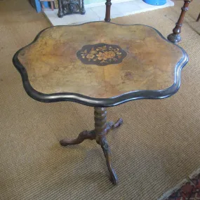 Mahogany Inlaid Occasional Side Table Bobbin Twist On Rose Carved Cabriole Scroll End Legs Antique Victorian c1880