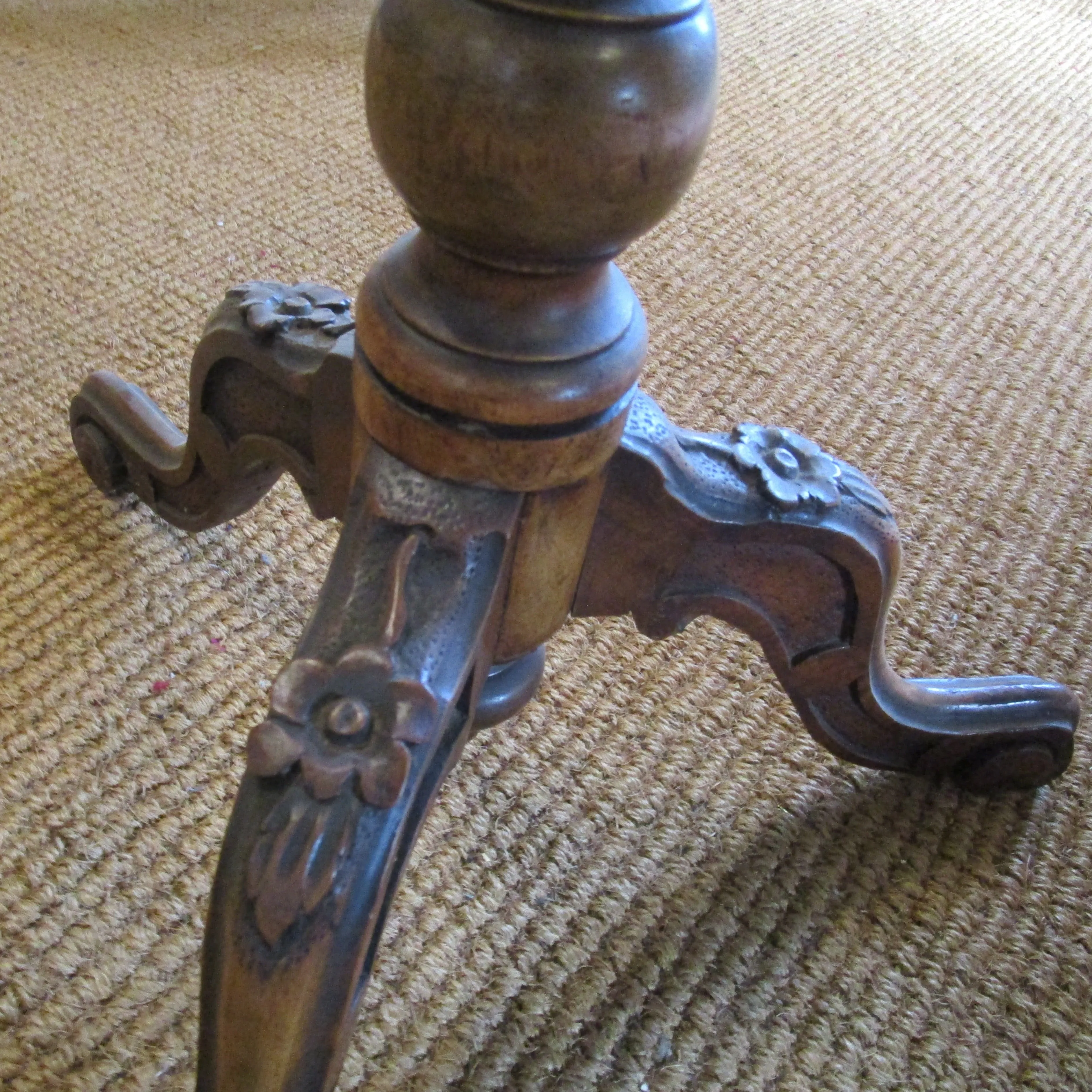 Mahogany Inlaid Occasional Side Table Bobbin Twist On Rose Carved Cabriole Scroll End Legs Antique Victorian c1880