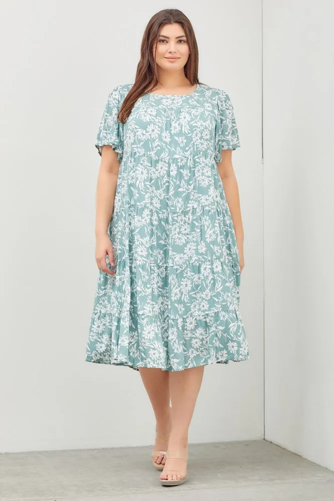 Mint Green Floral Tiered Short Sleeve Plus Midi Dress