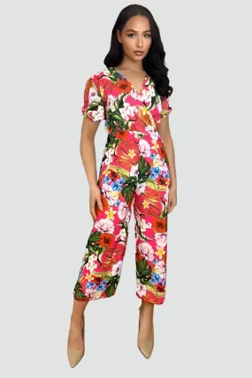 Multicolour Floral Print Deep V- Neck Cropped Leg Jumpsuit