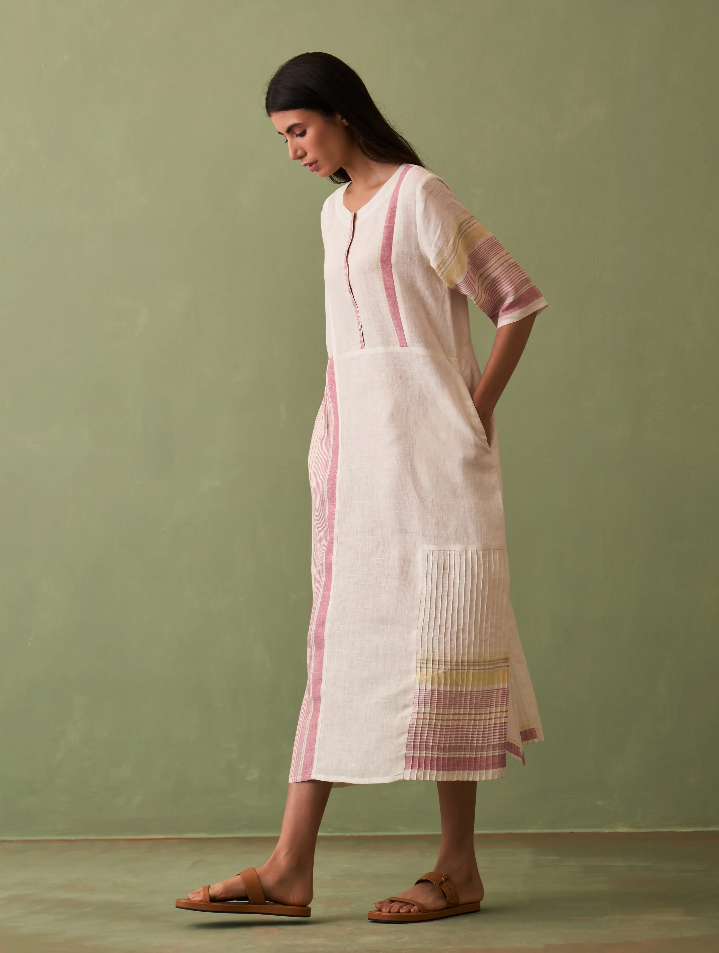 Nia Linen Dress with Overlay - Ivory