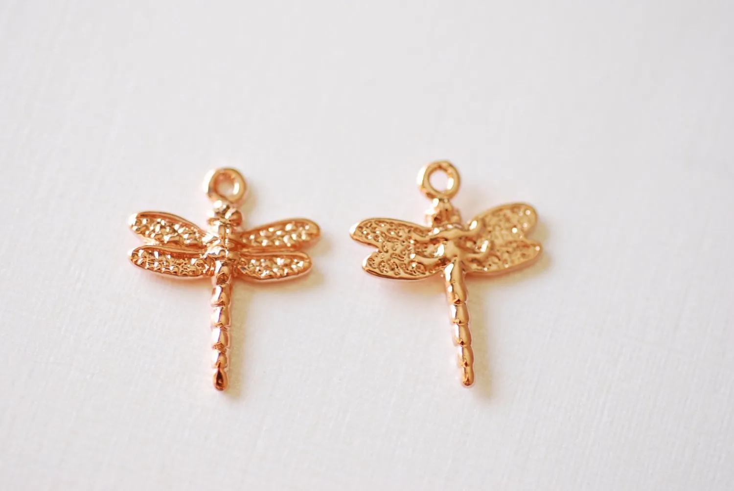 Pink Rose Gold Vermeil Dragonfly Charm Pendant- 18k gold plated over Sterling Silver dragonfly, Vermeil Rose Gold dragonfly, Gold Wings