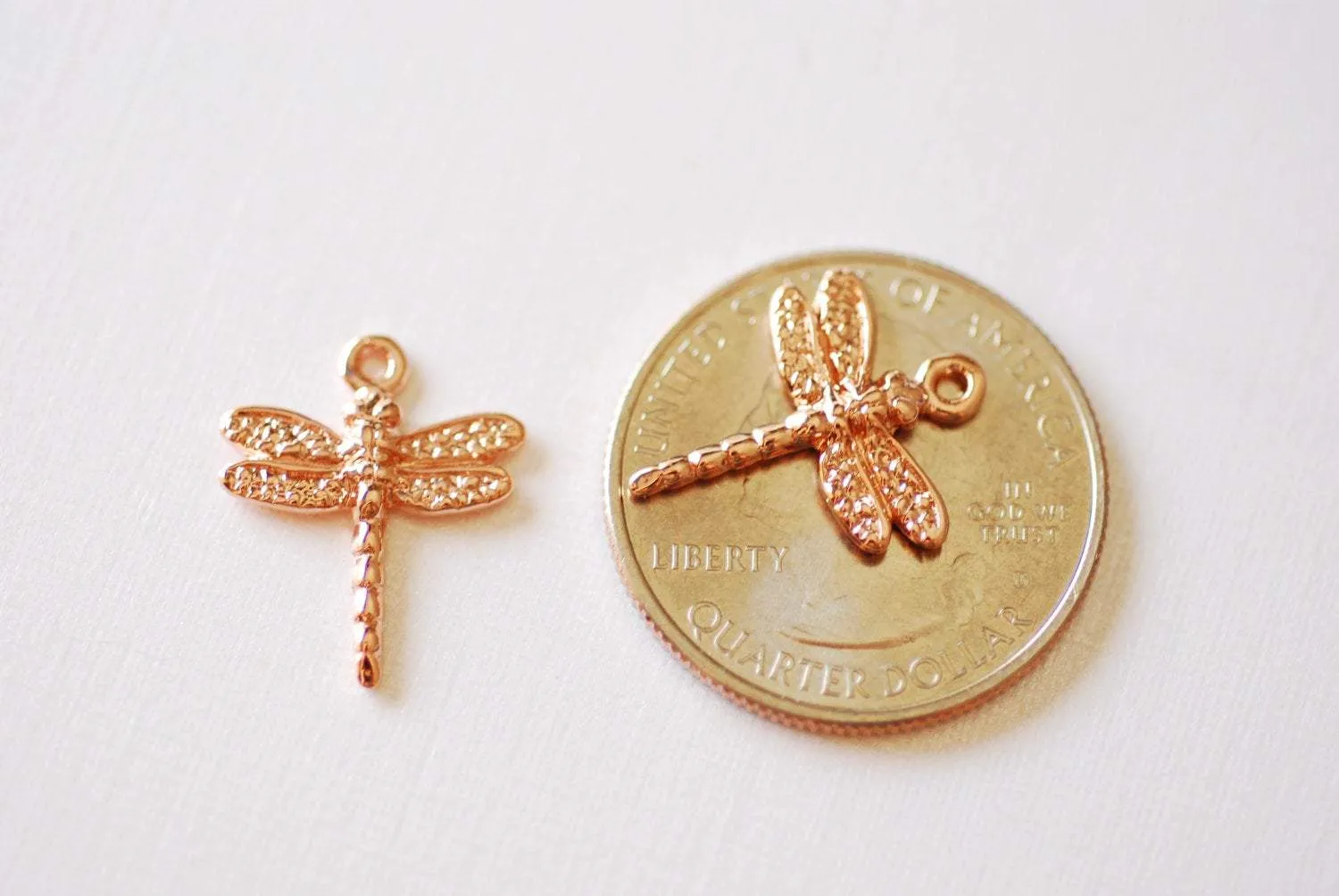 Pink Rose Gold Vermeil Dragonfly Charm Pendant- 18k gold plated over Sterling Silver dragonfly, Vermeil Rose Gold dragonfly, Gold Wings