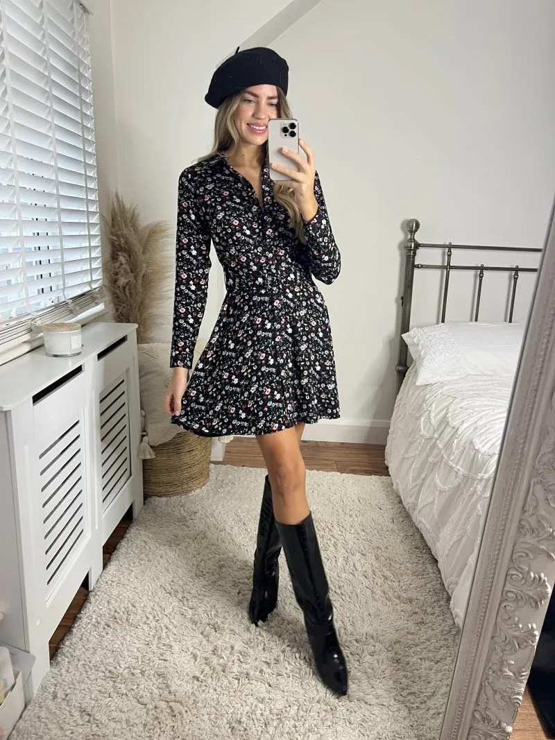 Slaytwins Cassie Ditsy Floral Mini Shirt Dress- Black