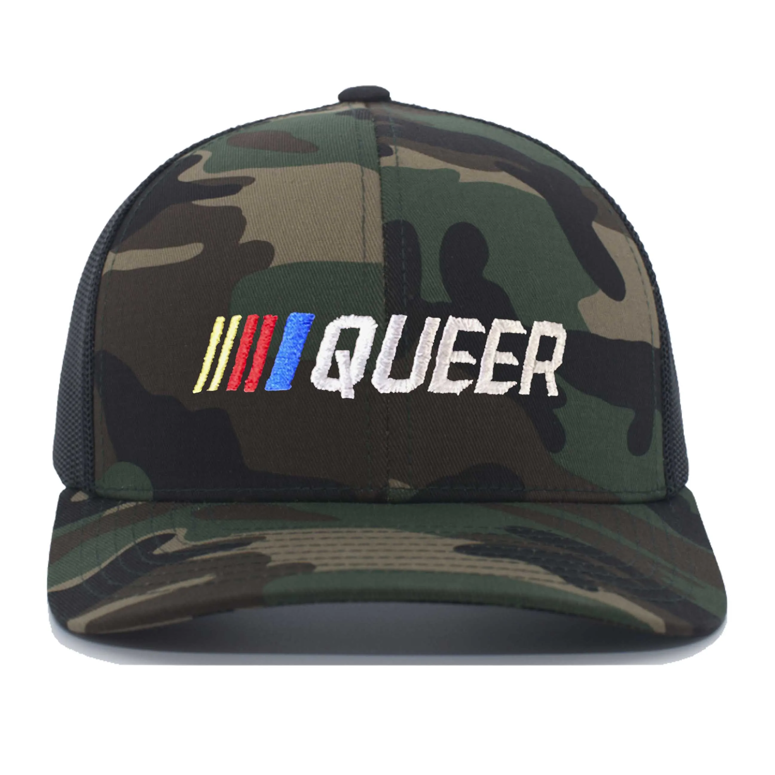 Stripe Queer Camo Trucker Mesh Snapback Hat supporting The Trevor Project