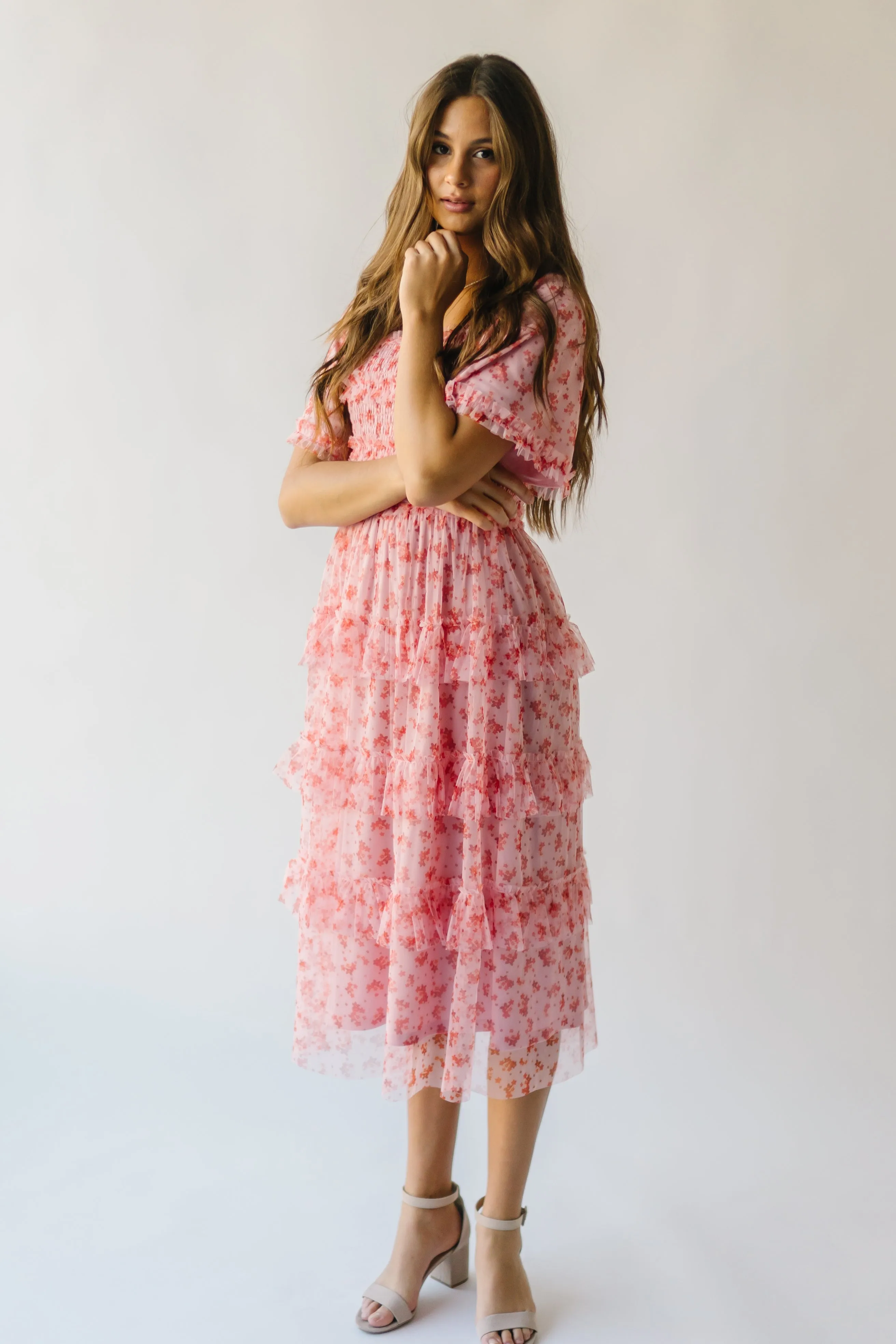 The Evin Floral Tiered Midi Dress in Pink Multi