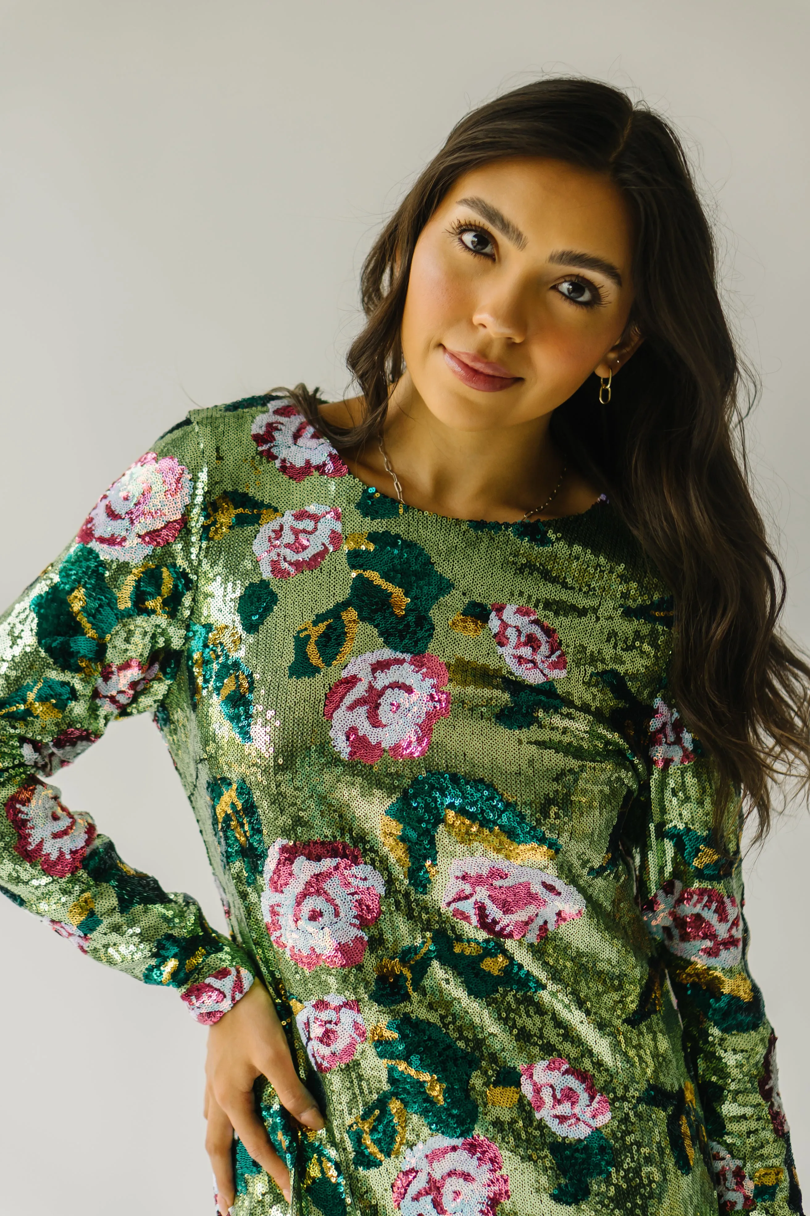 The Orick Floral Sequin Dress in Green