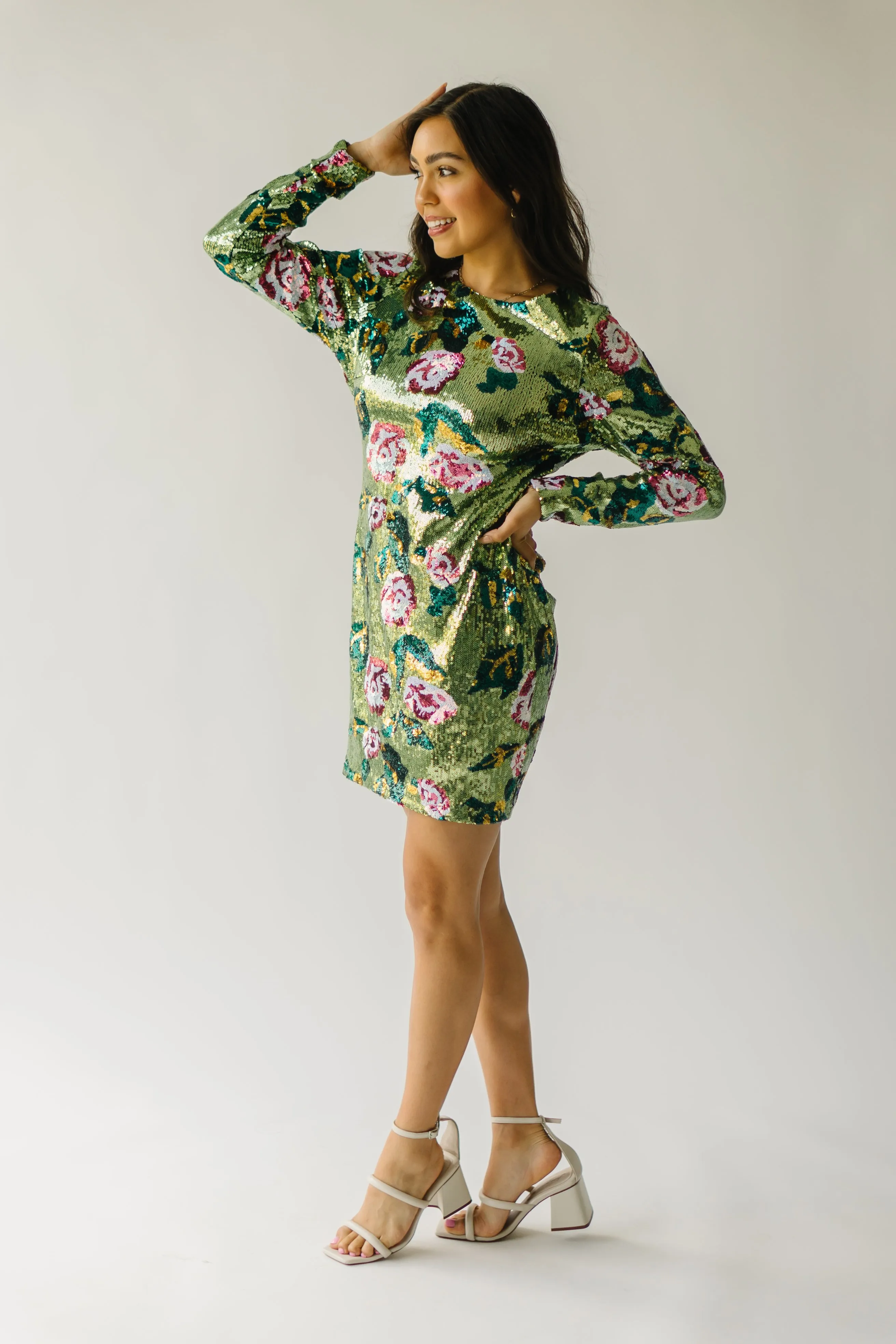 The Orick Floral Sequin Dress in Green