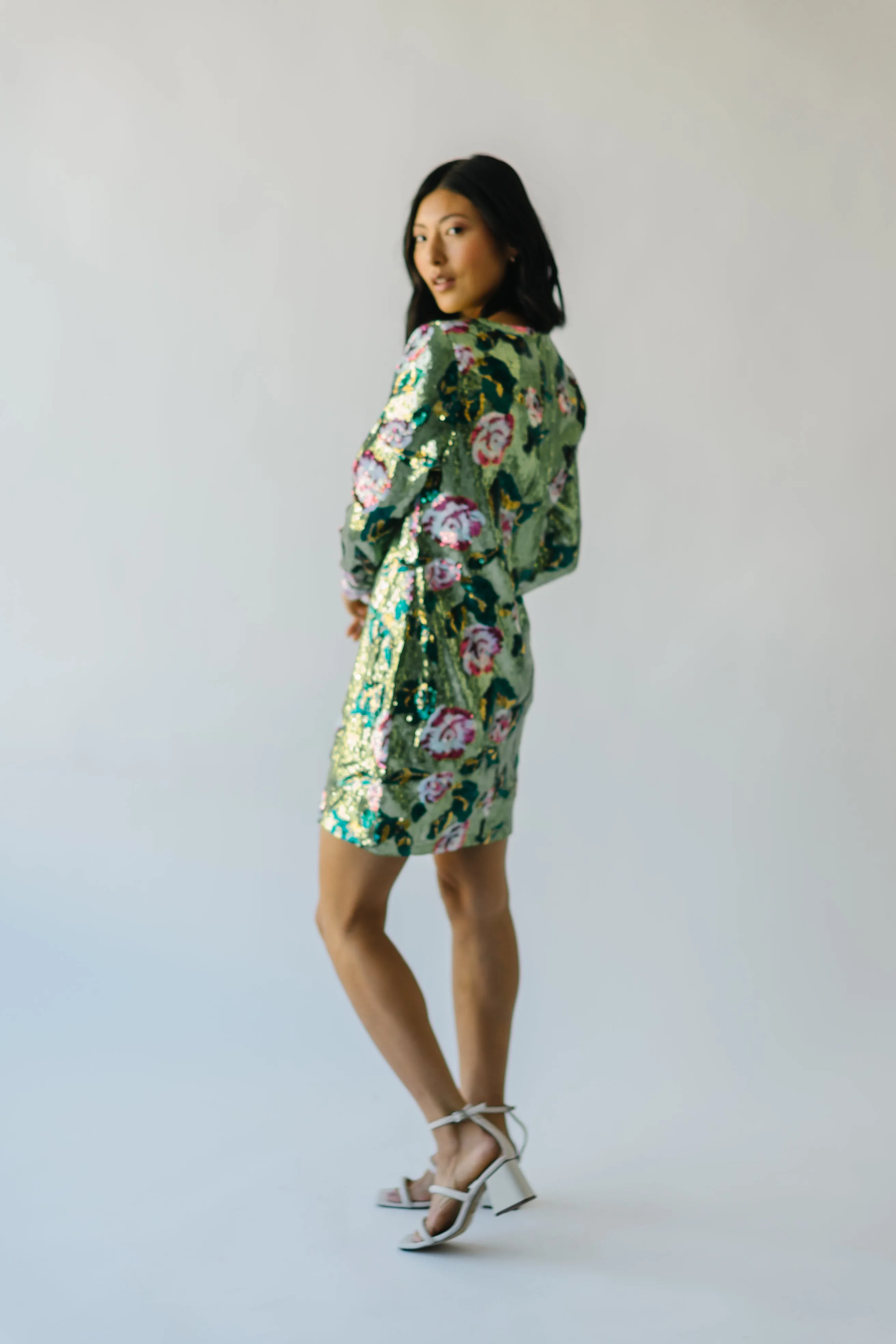 The Orick Floral Sequin Dress in Green