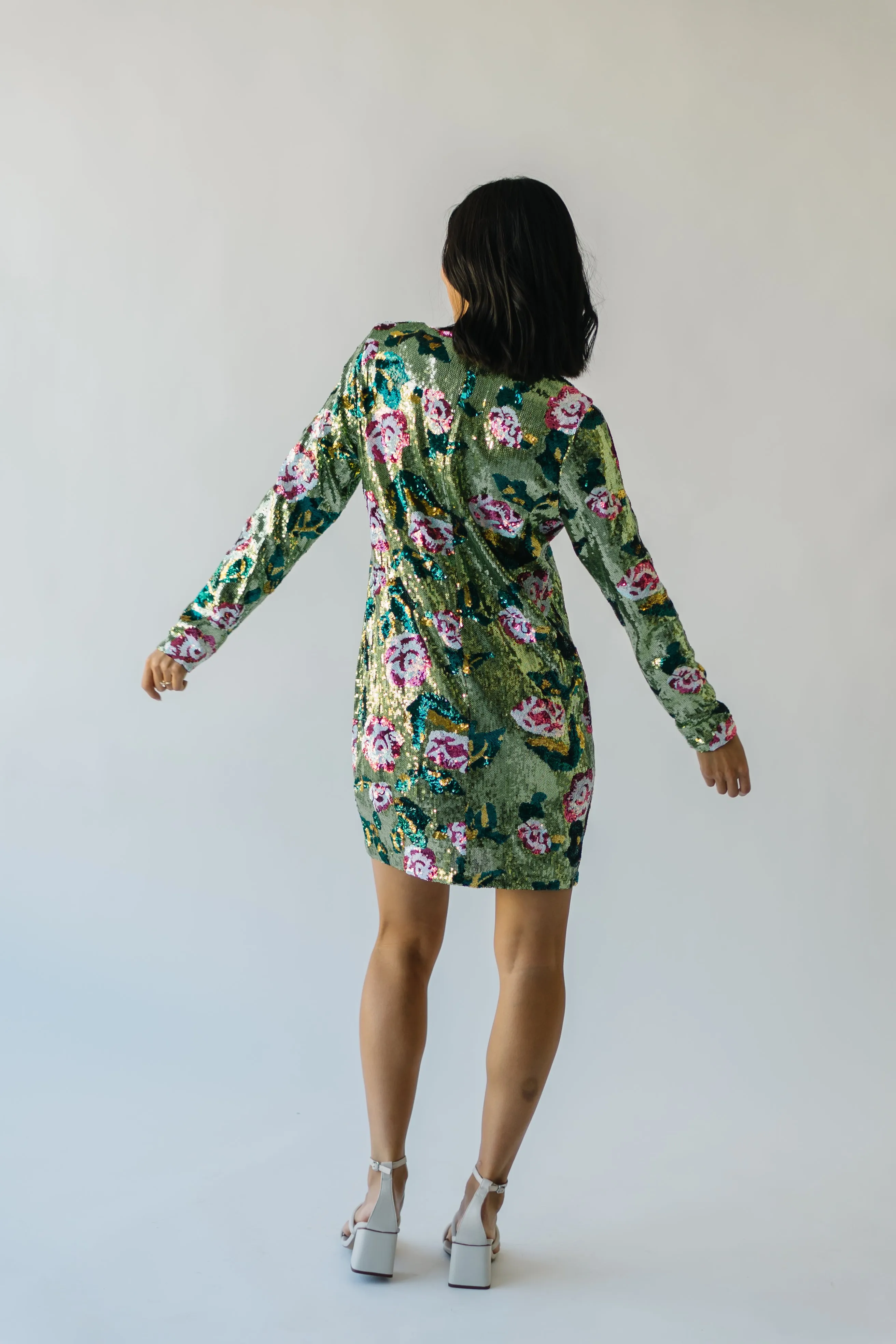 The Orick Floral Sequin Dress in Green