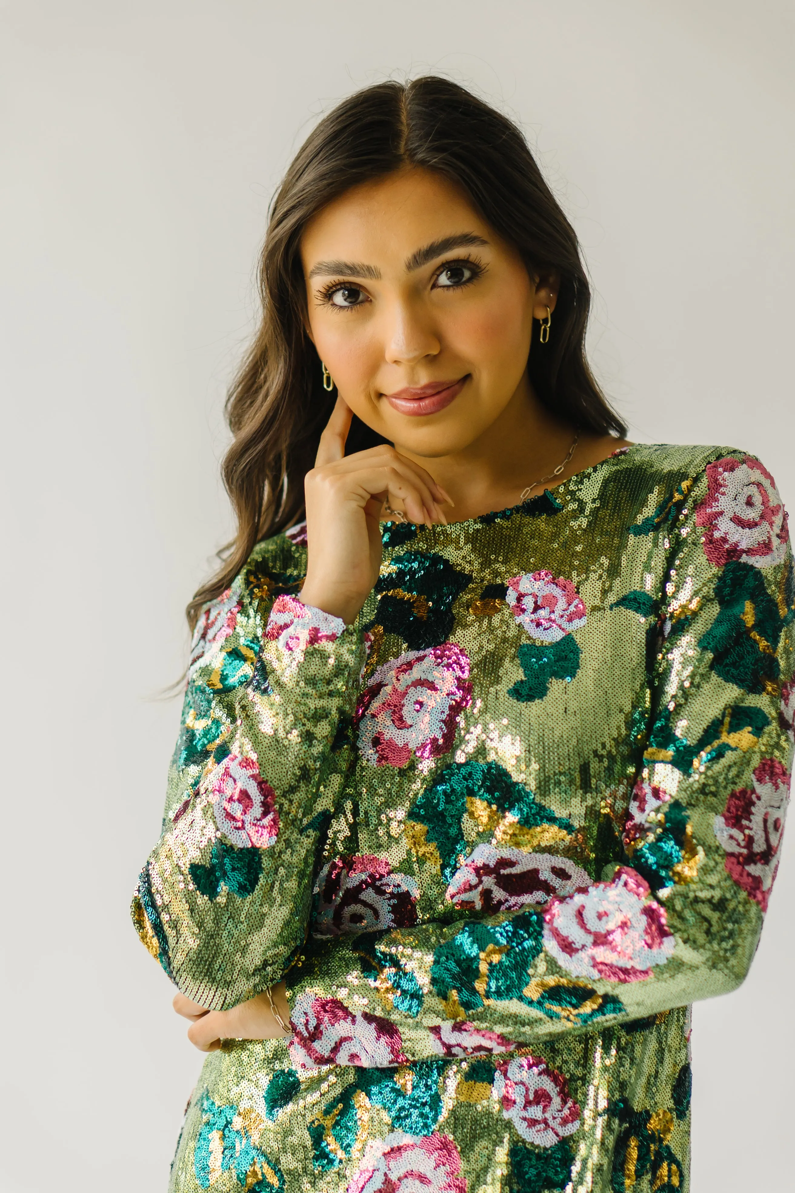 The Orick Floral Sequin Dress in Green