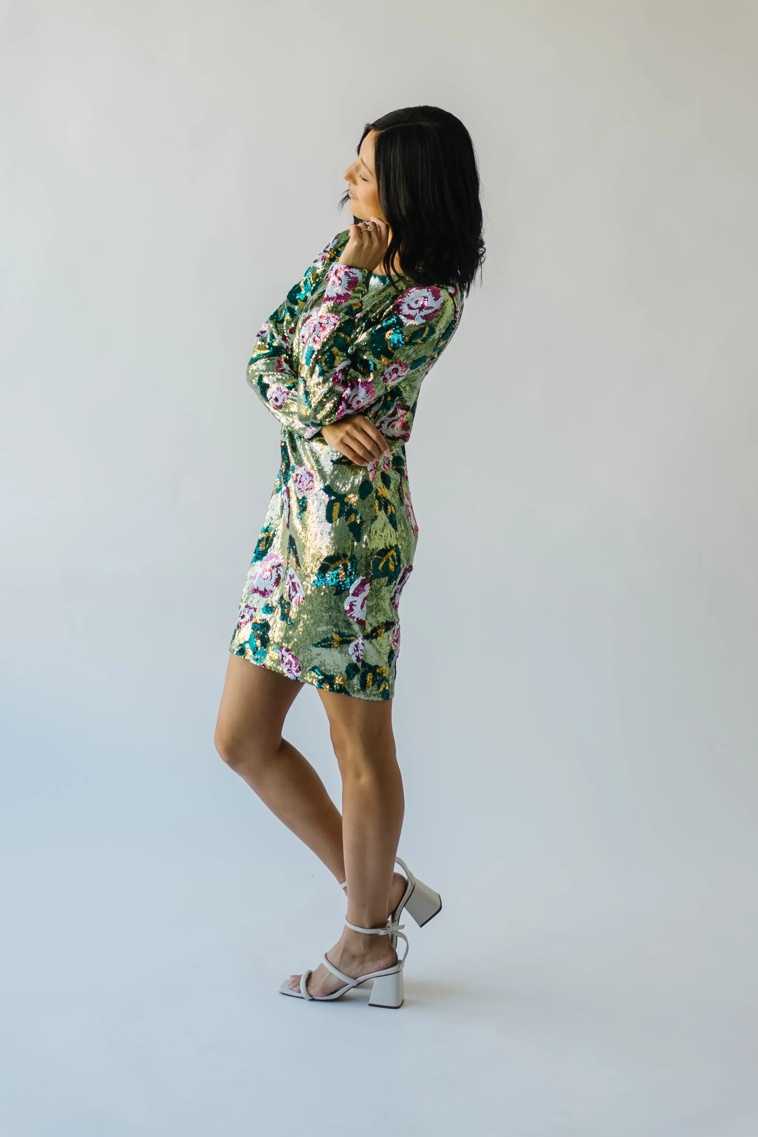 The Orick Floral Sequin Dress in Green