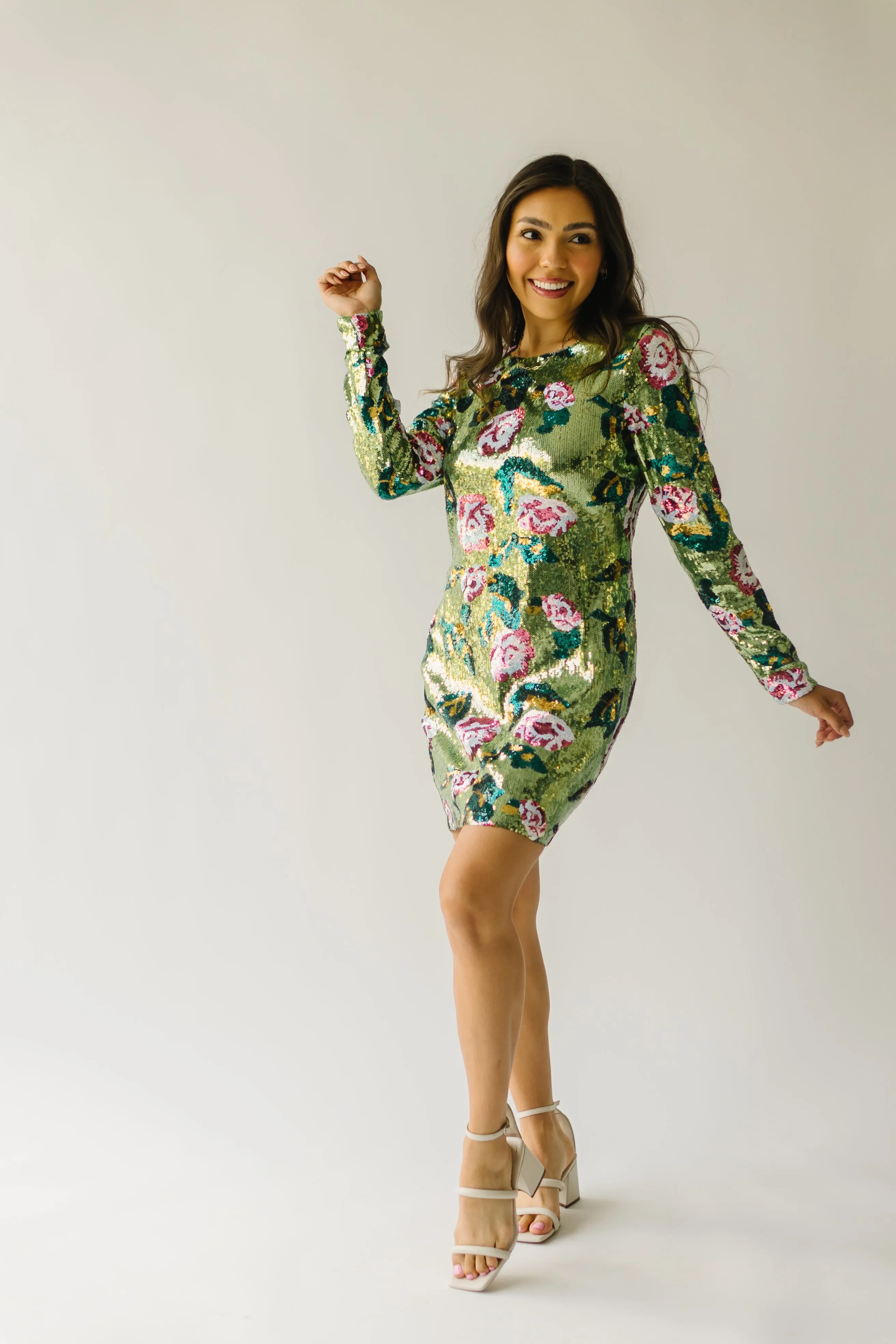 The Orick Floral Sequin Dress in Green