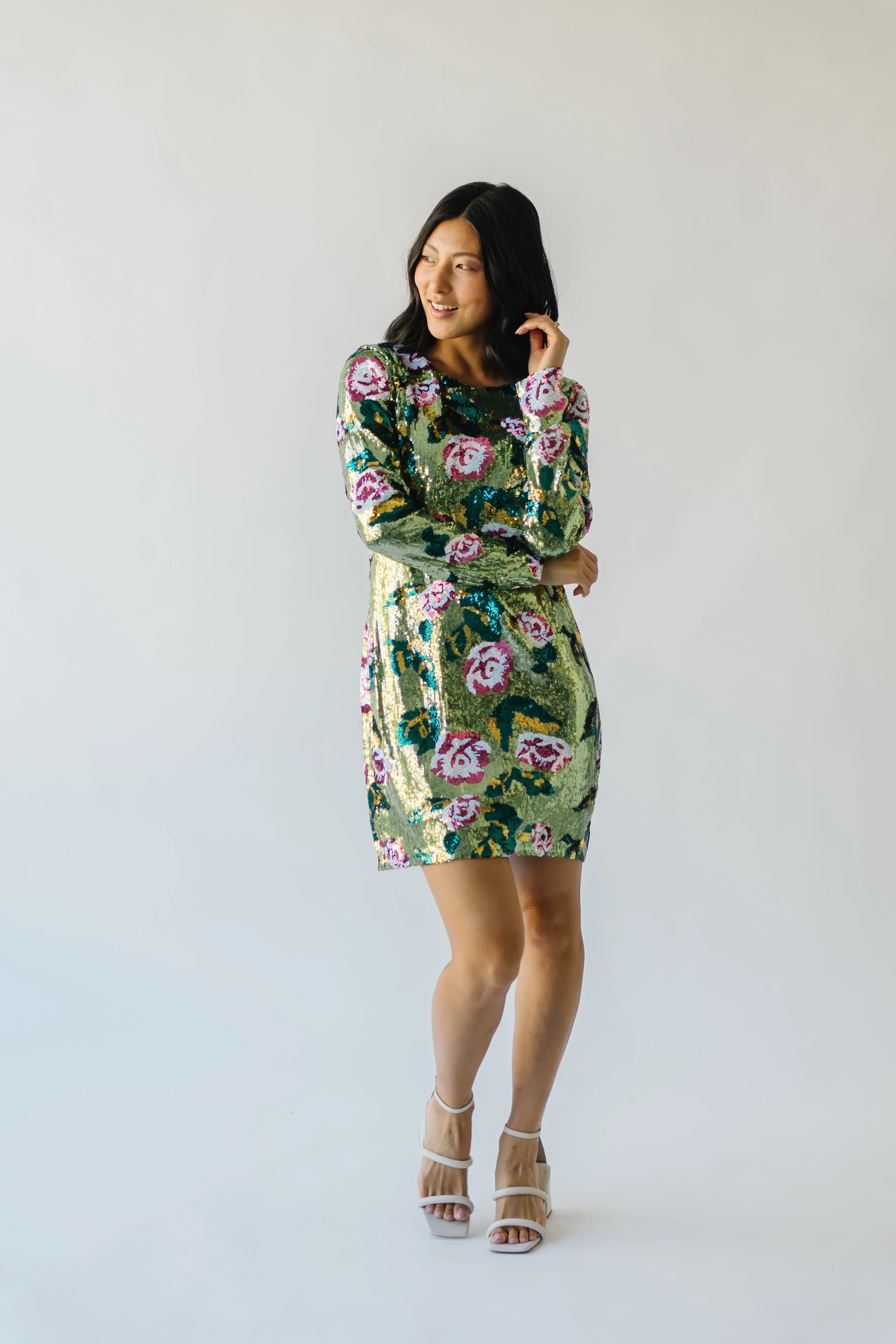 The Orick Floral Sequin Dress in Green